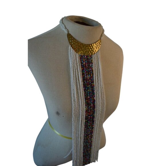 African Inspired Multicolored Beaded Bib Necklace With Hammered Brass Accent & F - Picture 2 of 8
